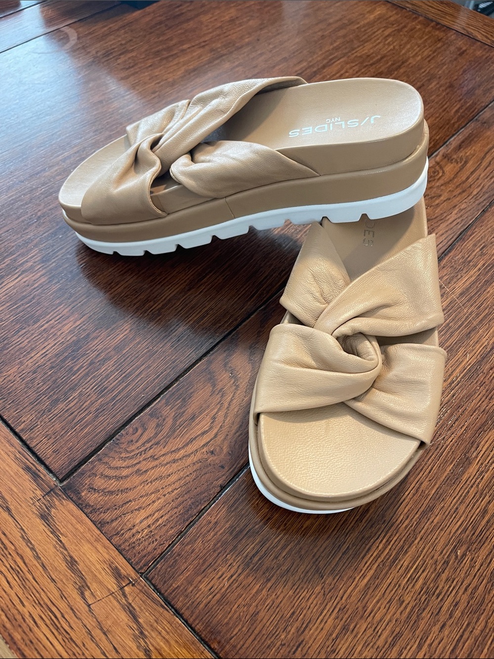 J/SLIDES Bright Knotted sand tan Leather Platform Slide Sandals 6 New